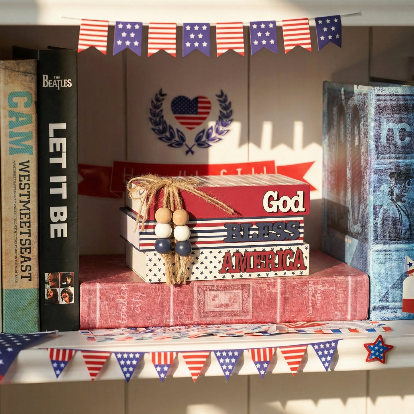 Valery Madelyn Memorial Day Decorations, 4th of July Table Decorations, Patriotic Wooden Book Decor for Home Office, Red White and Blue Book Stack for Table Tiered Tray Shelf, 5 inch