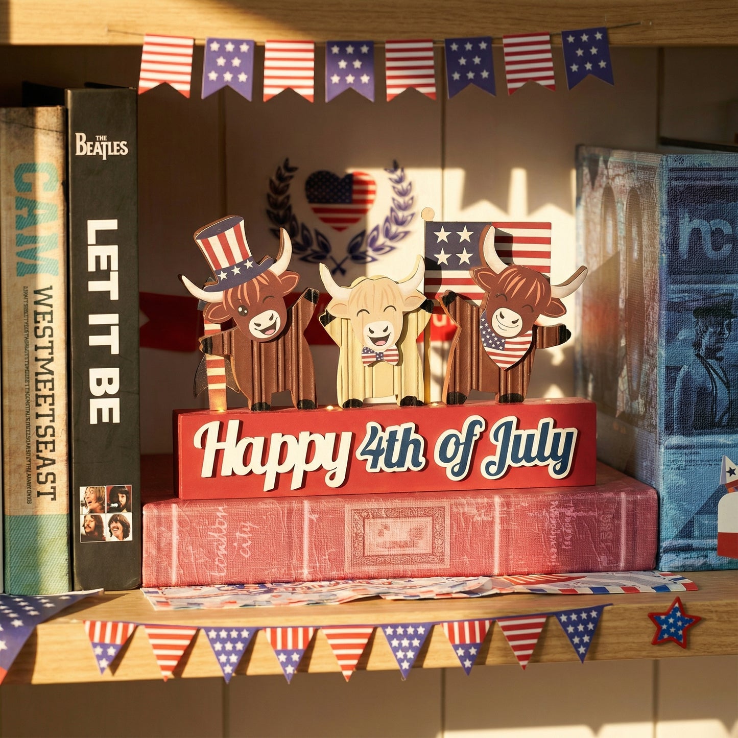 Valery Madelyn 4th of July Decorations with LED Light, Lighted Patriotic Highland Cow Decor, Wooden Americana Sign for Memorial Day Independence Day Labor Veteran Day Indoor, 8 inch