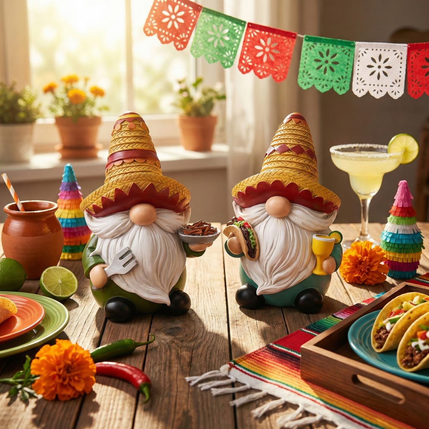 Valery Madelyn Cinco de Mayo Gnomes Decoration, 2Pcs Mexican Fiesta Gnome Figurine Set with Sombrero, Taco & Churros, Resin Tabletop Decor for Tiered Tray, Cinco de Mayo Party Decor & Gift, 6inch