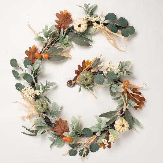 Valery Madelyn 6ft Fall Garland with Pumpkins & Lights, Lambs Ear Leaves for Mantel Table Fireplace Decor