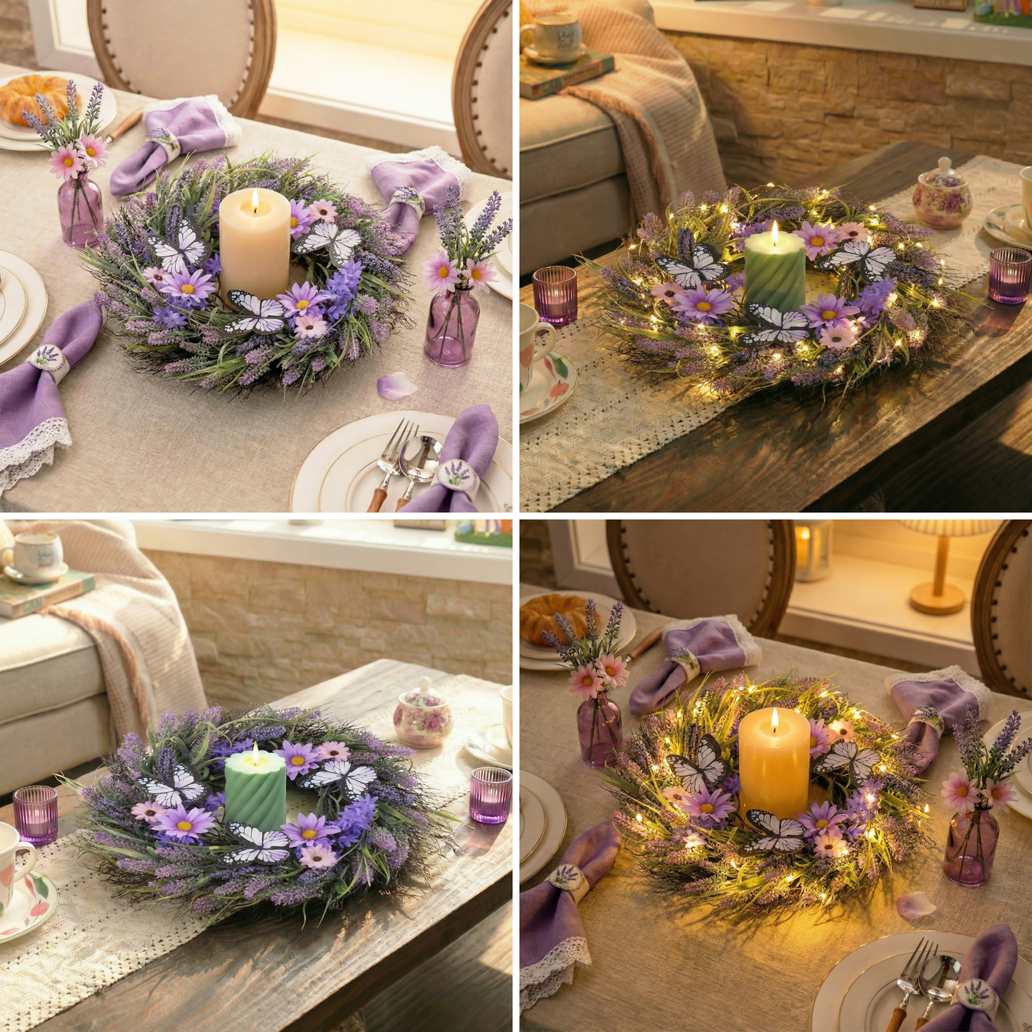 Valery Madelyn Summer Lavender Wreaths for Front Door with Lights, Artificial Spring Floral Wreath with Purple Bellflower Berries Butterfly for Fall Home Porch Window Party Wedding Wall Decor-18''