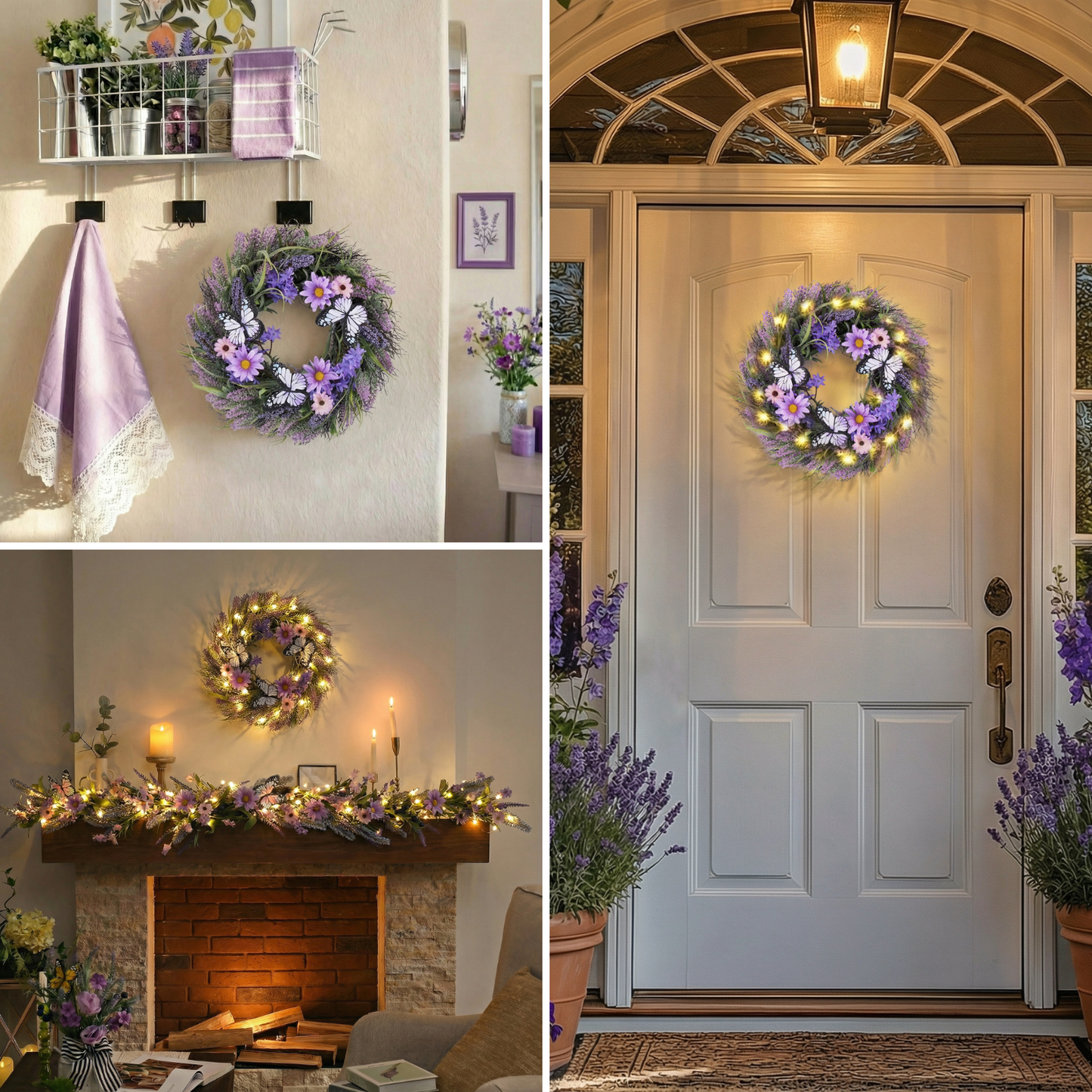 Valery Madelyn Summer Lavender Wreaths for Front Door with Lights, Artificial Spring Floral Wreath with Purple Bellflower Berries Butterfly for Fall Home Porch Window Party Wedding Wall Decor-18''