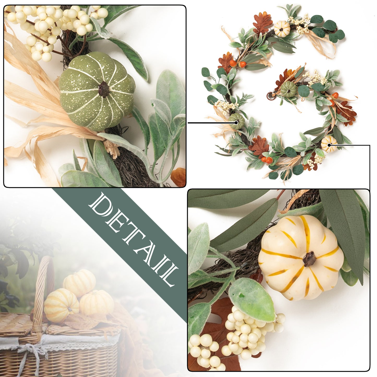 Valery Madelyn 6ft Fall Garland with Pumpkins & Lights, Lambs Ear Leaves for Mantel Table Fireplace Decor