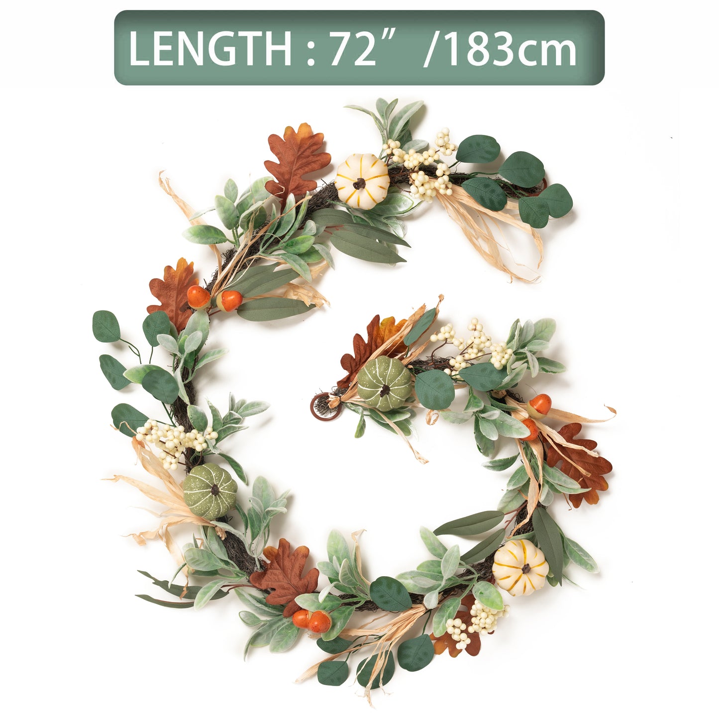 Valery Madelyn 6ft Fall Garland with Pumpkins & Lights, Lambs Ear Leaves for Mantel Table Fireplace Decor