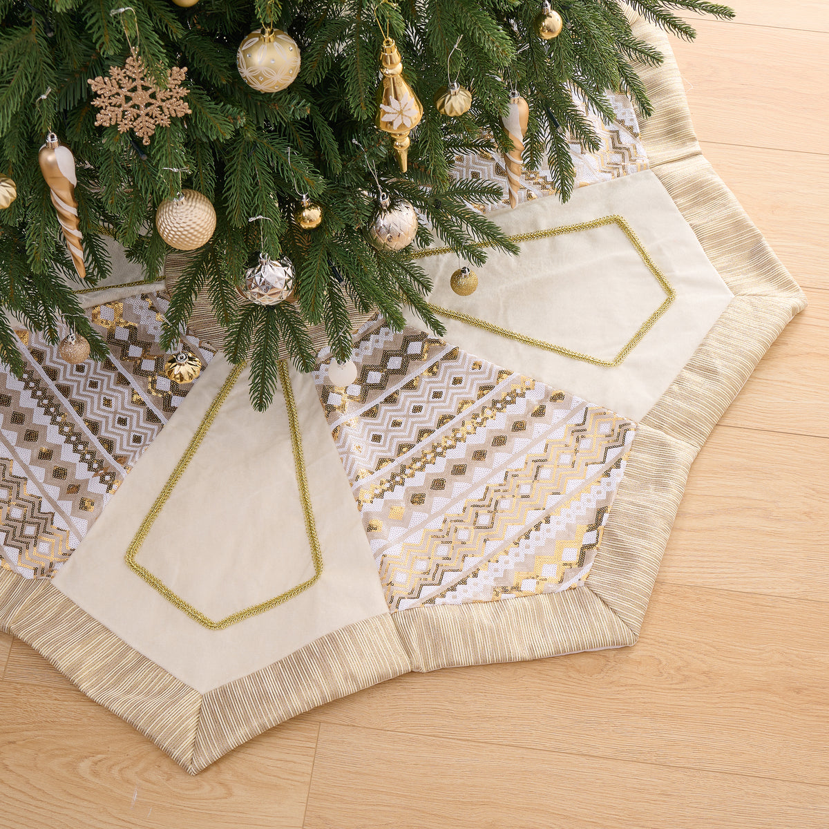 Valery Madelyn 60" White Gold Christmas Tree Skirt for Tree Decorations Large Xmas Velvet Tree Skirt with Embroidery & Geometric Sequin Pattern for 6.5-8ft Tree Merry Christmas Party Decor