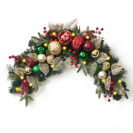 Valery Madelyn Pre-Lit Christmas Swag for Decorating Outdoor, 24 Inch Mailbox Swag Decoration Teardrop with 20 LED Lights, Red Green Gold Ball Ornament for Front Door Stairway Window Shelf Xmas Decor