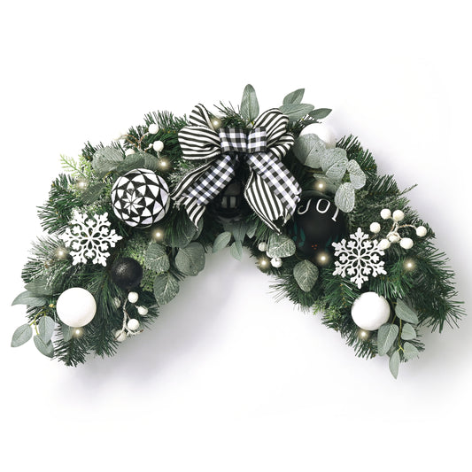 Valery Madelyn Pre-Lit Christmas Swag for Decorating Outdoor, 24 Inch Black White Mailbox Swag Decoration Teardrop with 20 LED Lights, Ball Ornaments for Front Door Stairway Window Shelf Xmas Decor