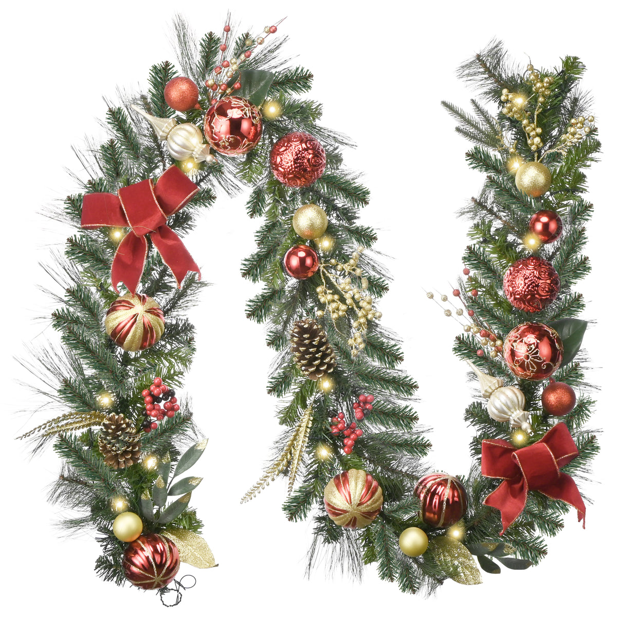 Valery Madelyn 9 Feet Pre-Lit Christmas Garland with Red Gold Balls & Bow
