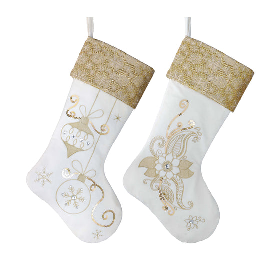 Valery Madelyn 21 Inches Christmas Stockings Decorations, 2 Pack White and Gold Stockings Embroidered in Gold Thread, Elegant Stocking Christmas with Name Tag for Fireplace Decor