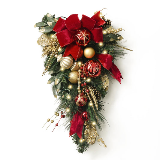 Valery Madelyn Pre-Lit Christmas Teardrop Swag for Decorating Outdoor, 24 Inch Mailbox Swag Decoration with 20 LED Lights, Red Gold Ball Ornament Ribbon for Front Door Stairway Window Xmas Home Decor