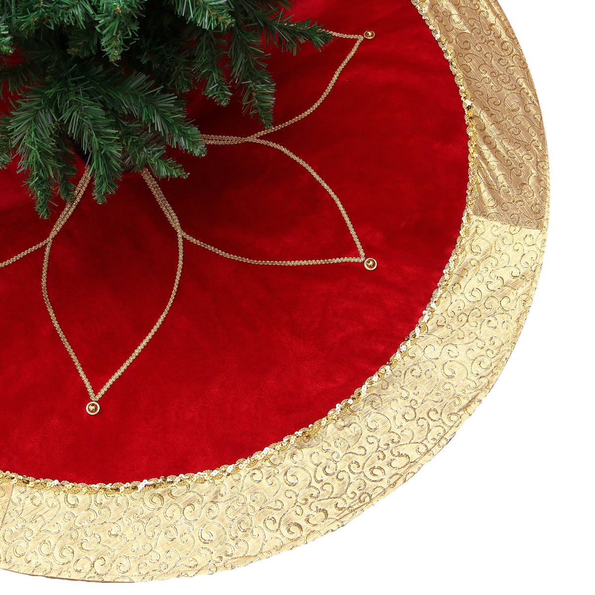 Valery Madelyn 60 Inch Red Gold Christmas Tree Skirt for Tree Decorations Large Xmas Velvet Tree Skirt with Embroidery Flower & Golden Baroque Border for 6.5-8ft Tree Merry Christmas Party Decor