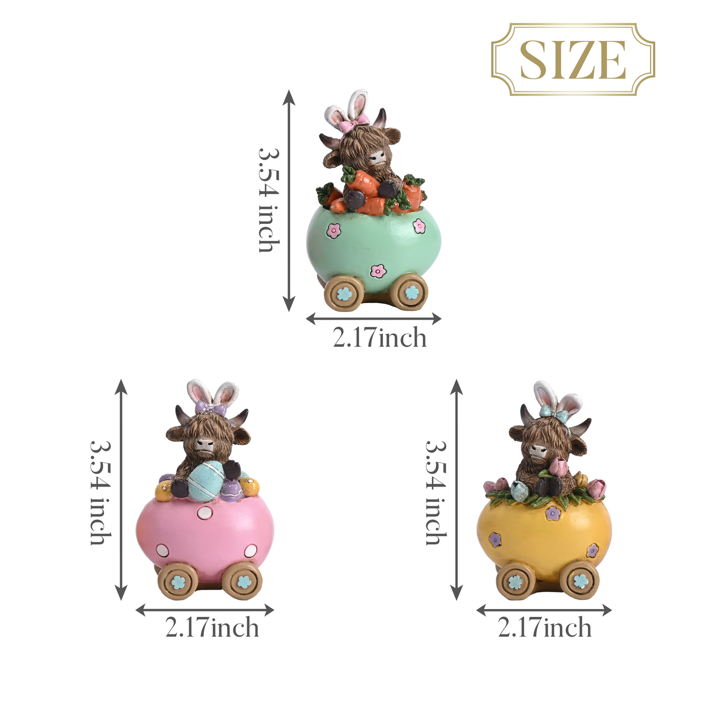 Valery Madelyn Easter Decor 3Pcs Highland Cow Bunny Figurines, Resin Egg Train Statues with Carrots & Eggs, Cute Spring Tabletop Tiered Tray Decor for Home, Holiday Party Centerpieces, 4inch