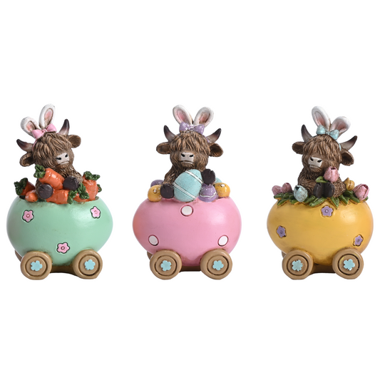 Valery Madelyn Easter Decor 3Pcs Highland Cow Bunny Figurines, Resin Egg Train Statues with Carrots & Eggs, Cute Spring Tabletop Tiered Tray Decor for Home, Holiday Party Centerpieces, 4inch