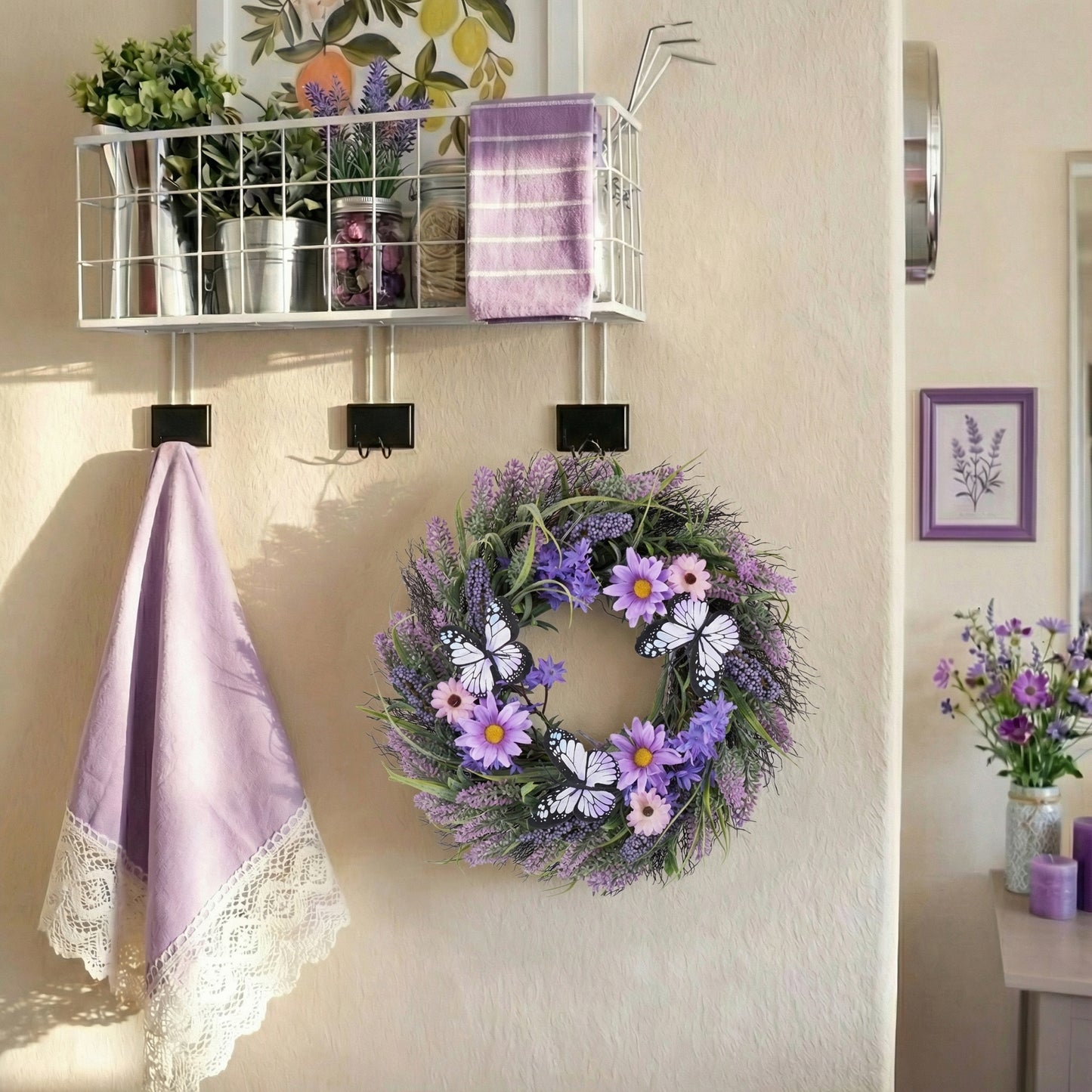 Valery Madelyn Summer Lavender Wreaths for Front Door with Lights, Artificial Spring Floral Wreath with Purple Bellflower Berries Butterfly for Fall Home Porch Window Party Wedding Wall Decor-18''