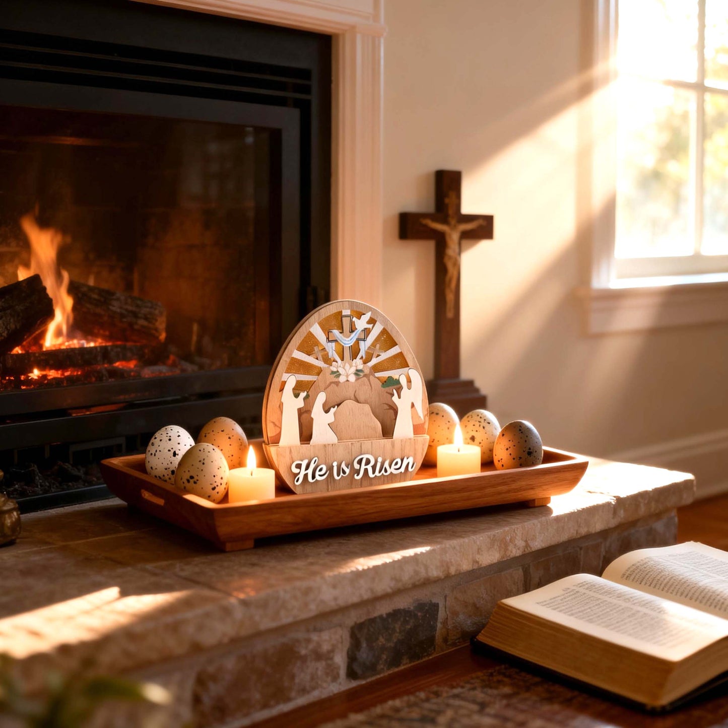 Valery Madelyn Easter Decorations, Empty Tomb Scene and Cross Decoration with LED Light, Wooden Christian Easter Decor Resurrection Scene for Home Livingroom Bedroom Office Table Shelf, 6.3 inch