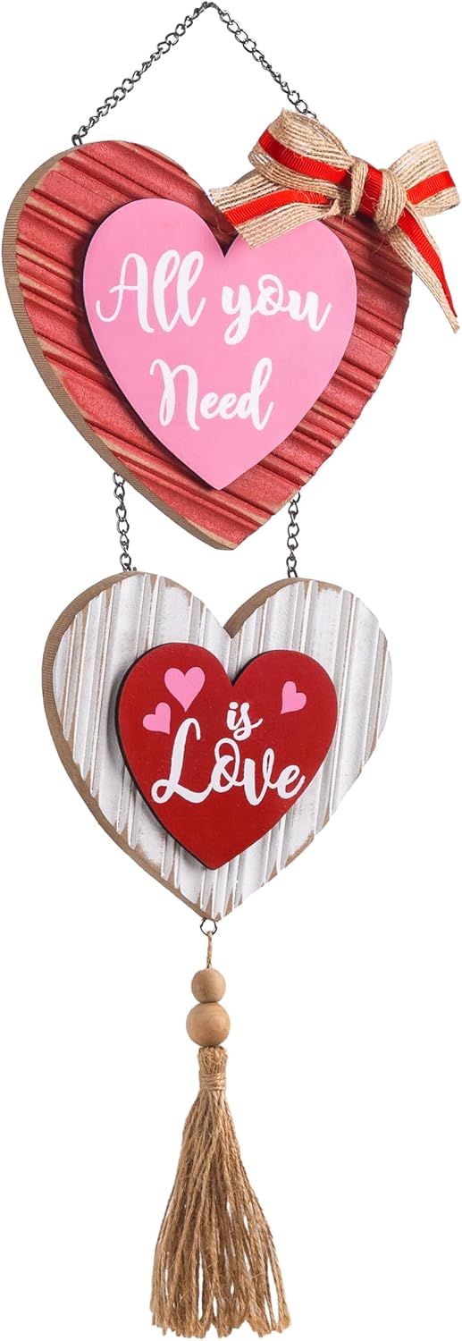 Valery Madelyn Valentines Day Decorations, Wooden Hanging Valentines Day Wall Decor with Heart Love Sign, 12 inch Valentines Wreath for Front Door Valentines Day Gift Wedding Home Christmas Party