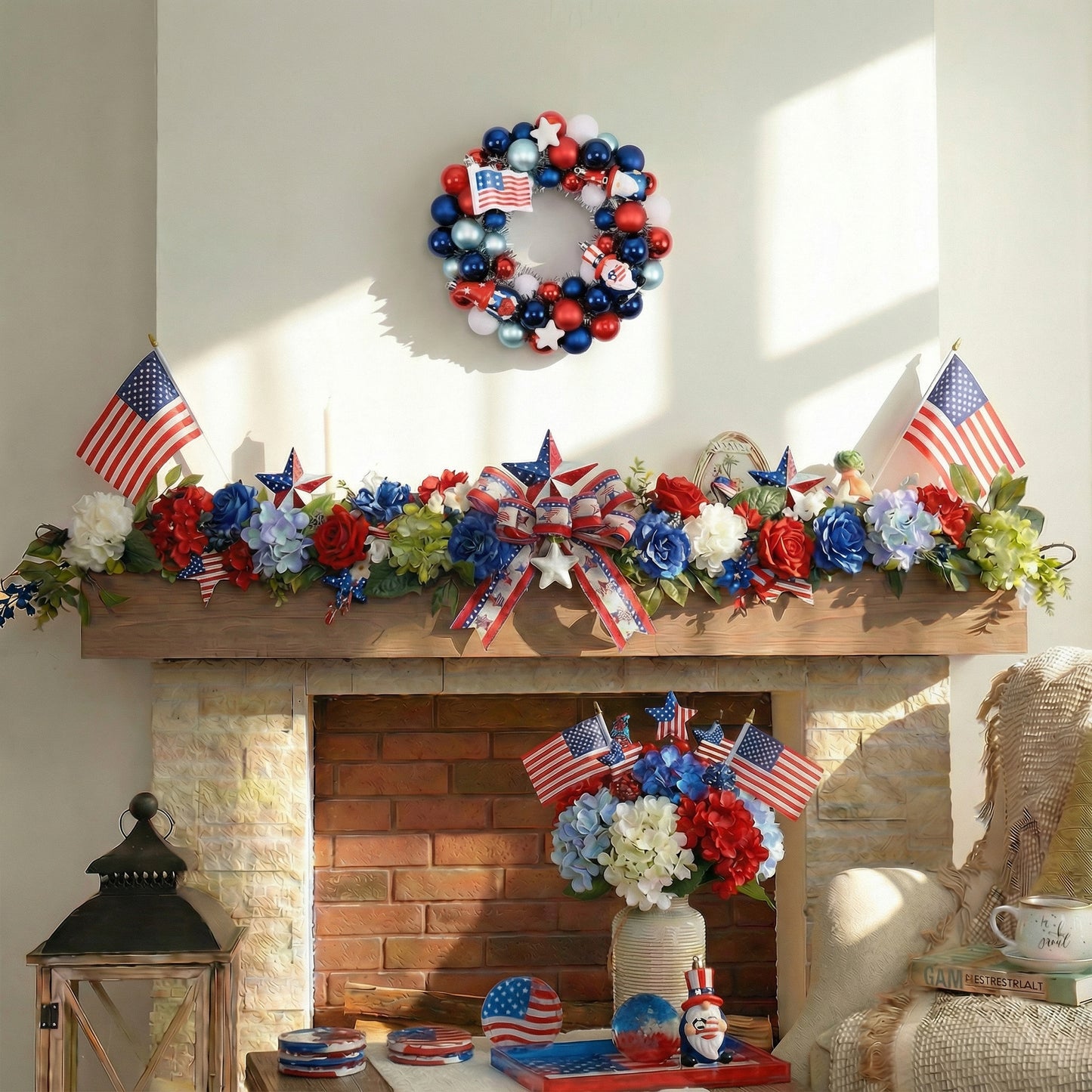 Valery Madelyn 4th of July Ball Wreaths for Front Door,Red White Blue Patriotic Wreath with Lights, American Decorations for Memorial Day,13'