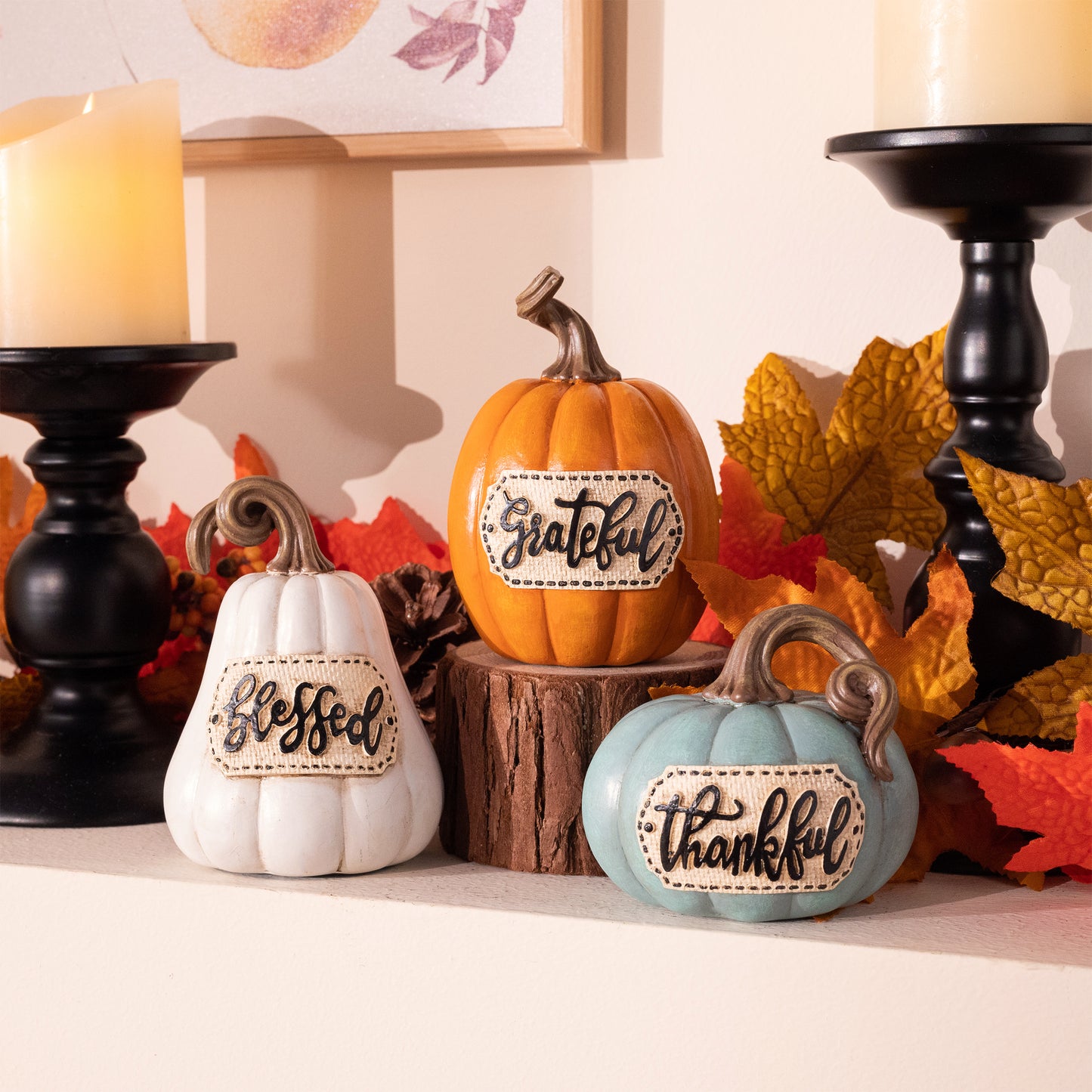 Valery Madelyn 3Pcs 4.7" Resin Thanksgiving Pumpkins, Harvest Tabletop Centerpiece for Dining Room Shelf