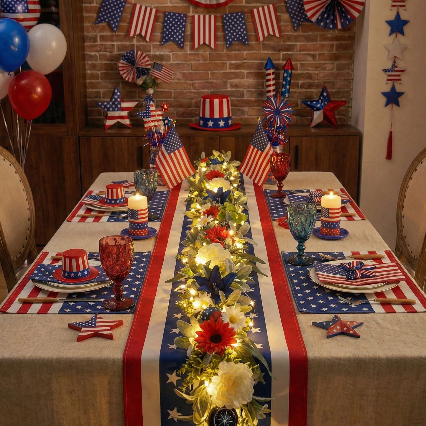 Valery Madelyn 6FT Patriotic Garland with Lights for Mantle, Red White Blue Garland with Ball Ornaments Butterfly for 4th of July Independence Day Decor