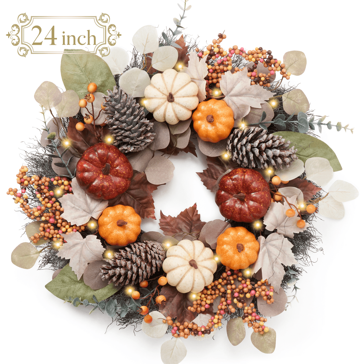Valery Madelyn 24 inches Pre-Lit Fall Wreath Lighted Thanksgiving Wreath with Red Orange White Pumpkin & Pine Cone Harvest Wreath for Front Door Fireplace Farmhouse
