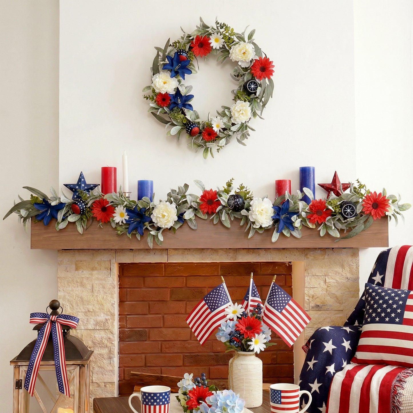 Valery Madelyn 6FT Patriotic Garland with Lights for Mantle, Red White Blue Garland with Ball Ornaments Butterfly for 4th of July Independence Day Decor