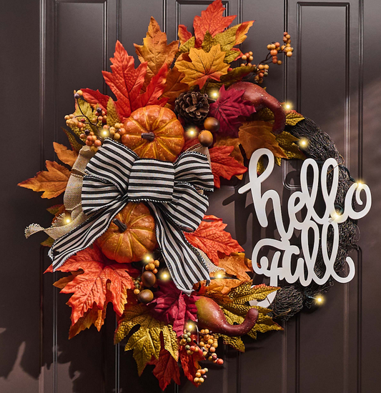 Valery Madelyn 22'' Collapsible Fall Wreaths for Front Door, Farmhouse Autumn Door Wreath with Lights Pumpkins Bow Outdoor Fall Halloween Decorations for Home Porch Thanksgiving Harvest Outdoor Decor