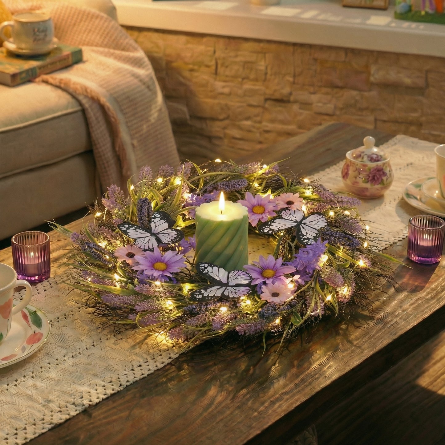 Valery Madelyn Summer Lavender Wreaths for Front Door with Lights, Artificial Spring Floral Wreath with Purple Bellflower Berries Butterfly for Fall Home Porch Window Party Wedding Wall Decor-18''