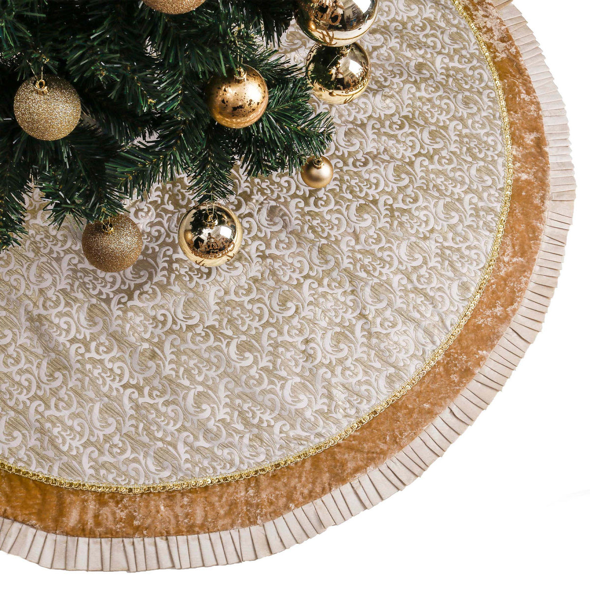 Valery Madelyn 36 Inch White Gold Christmas Tree Skirt for Tree Decorations Small Xmas Velvet Tree Skirt with Embroidery Baroque Pattern & Pleated Border for 4-7ft Tree Merry Christmas Party Decor
