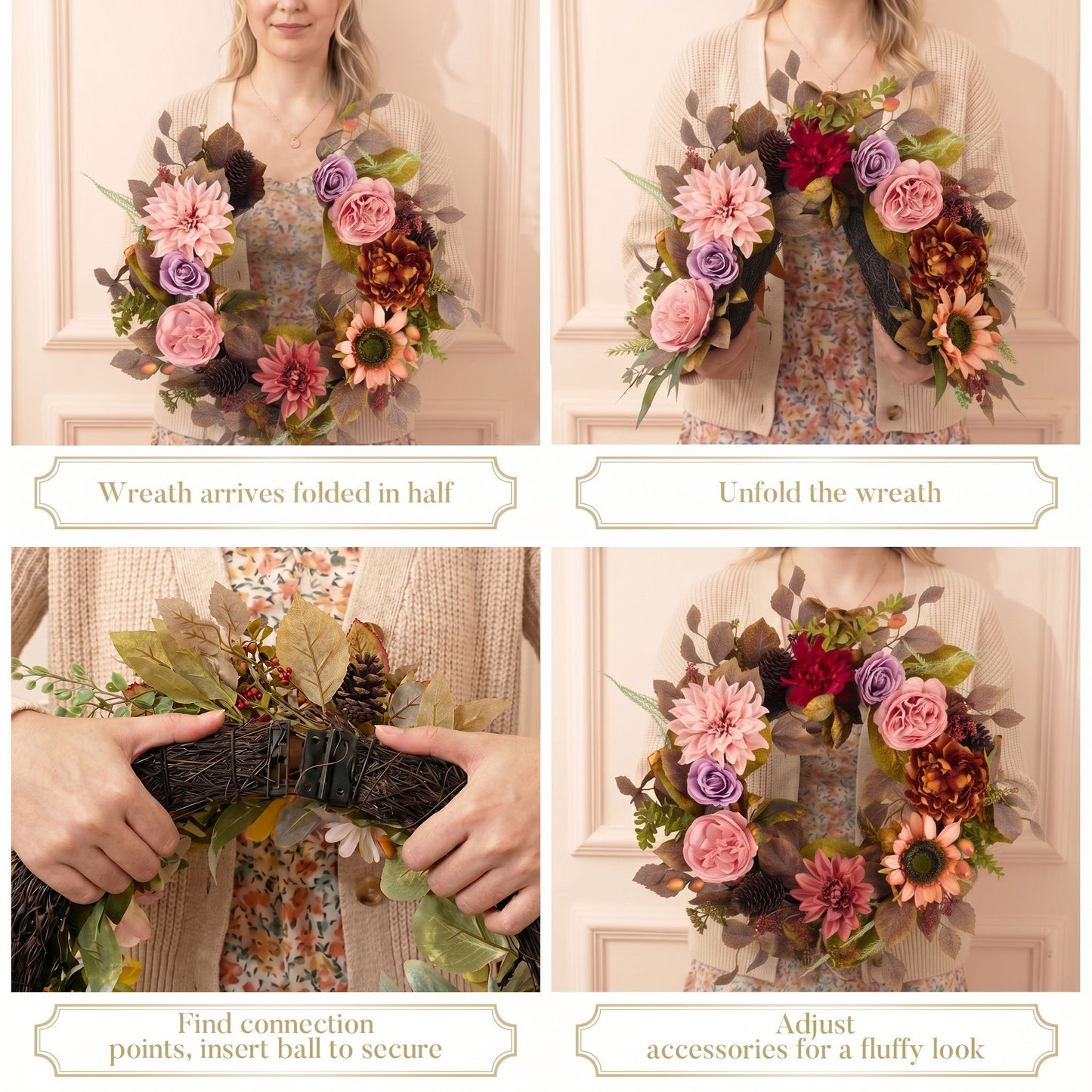 Valery Madelyn 24" Collapsible Fall Wreaths for Front Door with Decorative Plaque,Artificial Dahlia Rose Sunflower Wreath with LED Lights for Autumn Deocr,Harvest Decorations for Home Thanksgiving