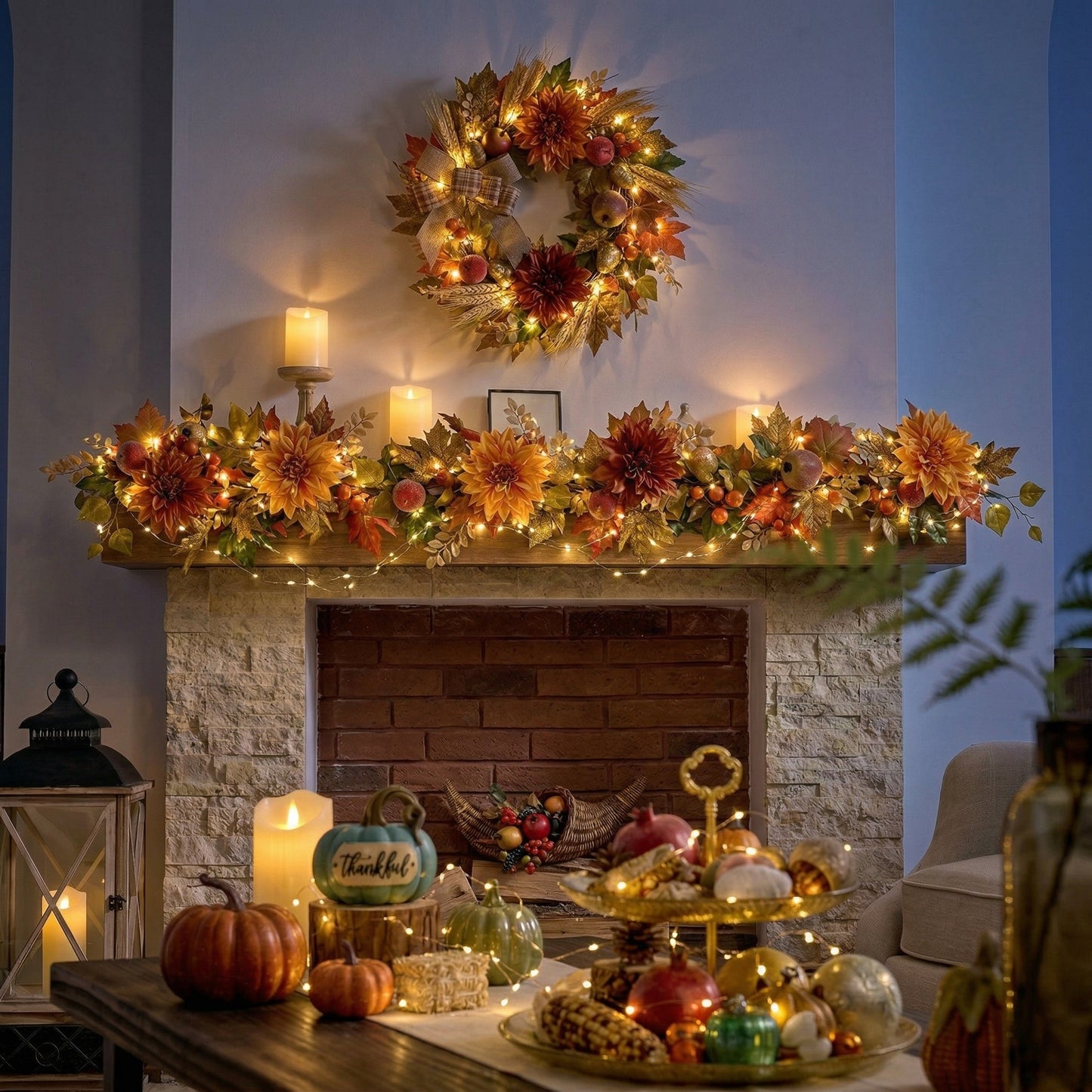 Valery Madelyn 6 Feet Artificial Pomegranate Fruits Garlands for Mantle,Fake Silk Dahlia Rose Autumn Garland with LED Lights for Fall Decor,Harvest Decorations for Home Fireplace Thanksgiving Decor