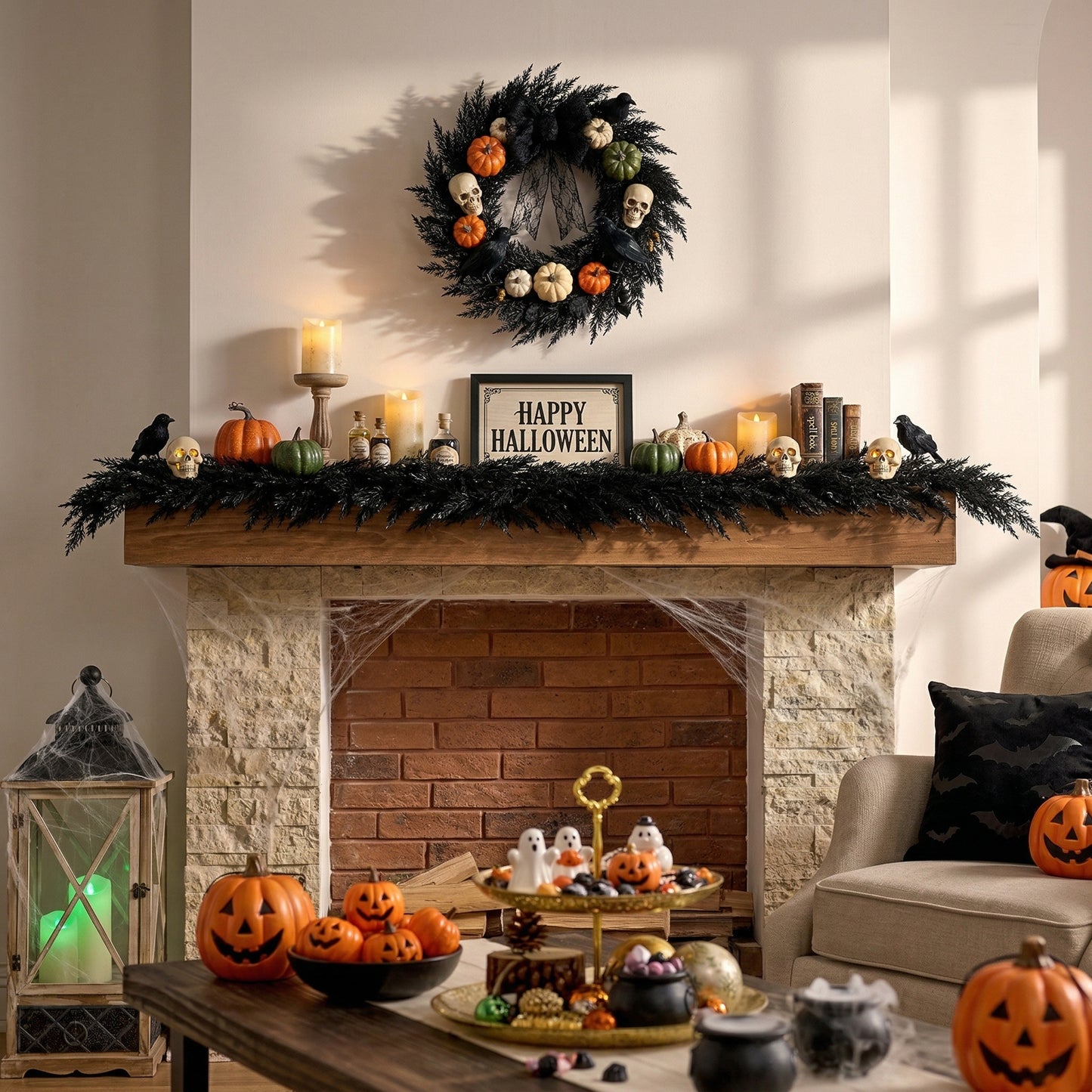 Valery Madelyn 6 Ft Artificial Norfolk Pine Garland for Mantle, Real Tough Halloween Garland with Light, Lighted Winter Pine Branches for Home Stairs Fireplace Table Indoor Outdoor Holiday Decor