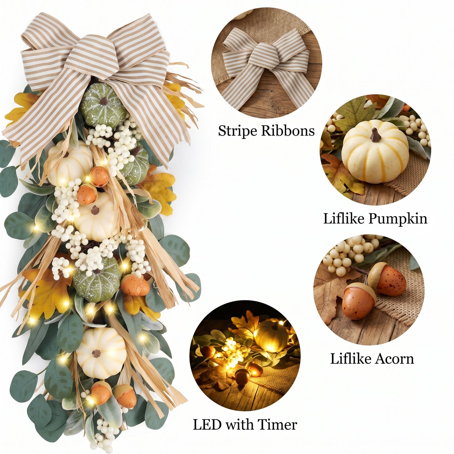 Valery Madelyn 24 inch Fall Pumpkin Teardrop Swag Autumn Harvest Door Hanger with Green & White Mini Pumpkins, Eucalyptus, Raffia, Berries and Striped Bow for Front Door Thanksgiving Table Centerpiece
