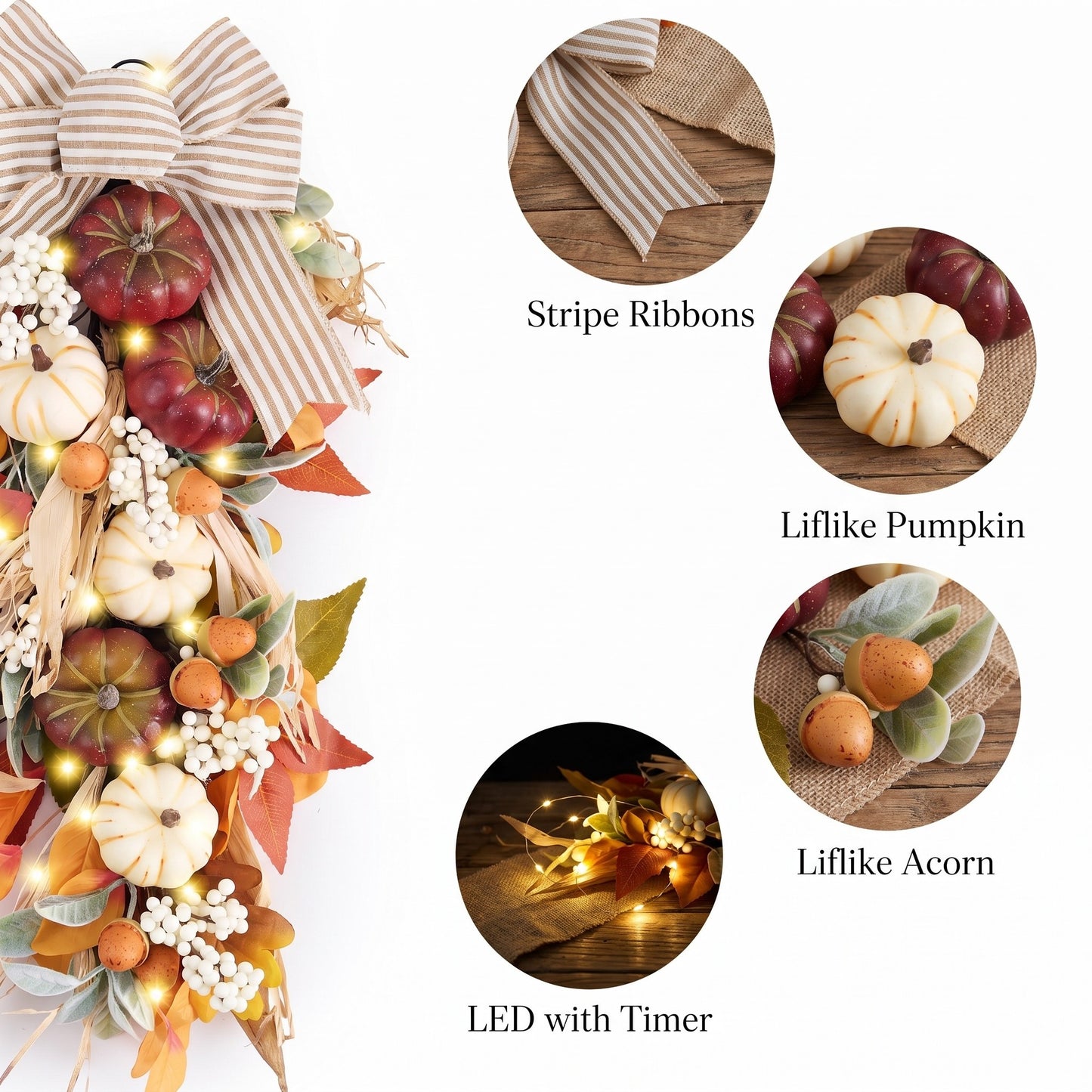 Valery Madelyn 24 inch Fall Pumpkin Teardrop Swag Autumn Harvest Door Hanger with Striped Bow, Mini Pumpkins, Eucalyptus, Raffia & Berry Sprays for Front Door, Mantel Thanksgiving Table Centerpiece