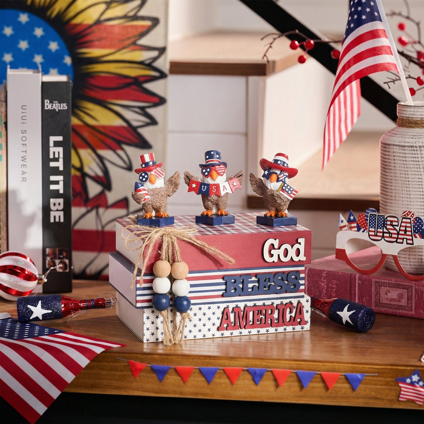 Valery Madelyn Memorial Day Decorations, 4th of July Table Decorations, Patriotic Wooden Book Decor for Home Office, Red White and Blue Book Stack for Table Tiered Tray Shelf, 5 inch