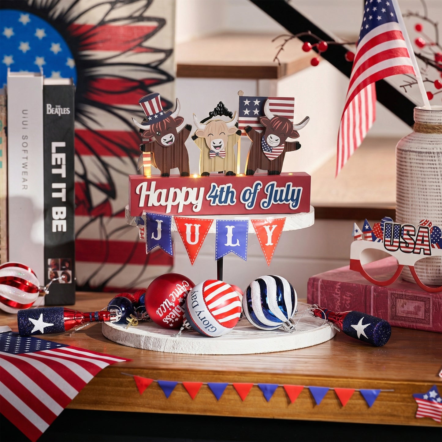 Valery Madelyn 4th of July Decorations with LED Light, Lighted Patriotic Highland Cow Decor, Wooden Americana Sign for Memorial Day Independence Day Labor Veteran Day Indoor, 8 inch