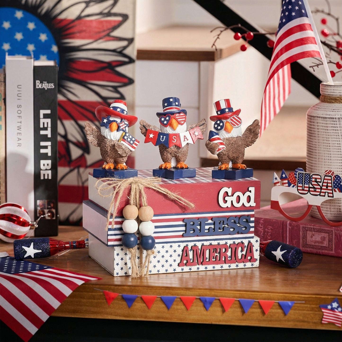 Valery Madelyn Memorial Day Decorations, 4th of July Table Decorations, Patriotic Wooden Book Decor for Home Office, Red White and Blue Book Stack for Table Tiered Tray Shelf, 7 inch