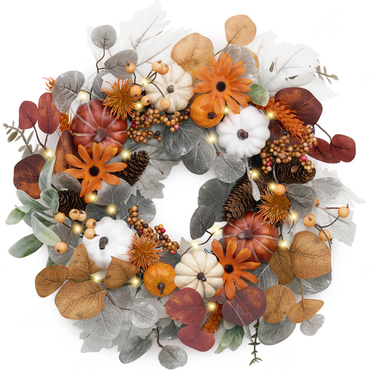 Valery Madelyn Fall Wreath with Lights for Front Door, 18" Autumn Door Wreath with White Pumpkins Silk Maple Leaves, Outdoor Fall Halloween Decorations for Home Porch Thanksgiving Harvest Table Decor