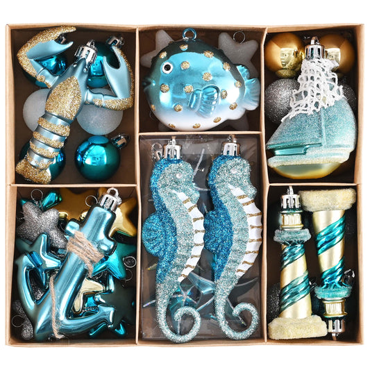 Valery Madelyn Summer Tree Ornaments 50ct Shatterproof Beach Decor Nautical Ocean-Themed Coastal Christmas in July Tree Decorations, Seahorse Anchor Pufferfish Sailboat Lobster for Tropical Party