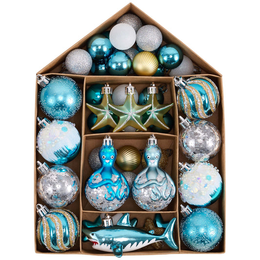 Valery Madelyn Summer Tree Ornaments 45ct Shatterproof Nautical Beach Decor Nautical Ocean-Themed Coastal Christmas in July Tree Decorations, Starfish, Octopus and Shark for Tropical Party