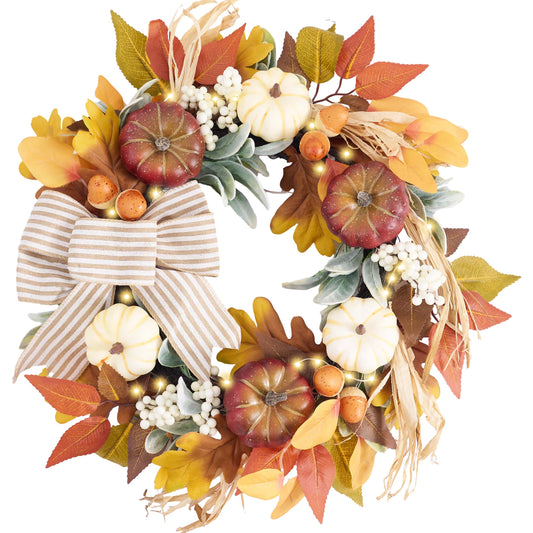Valery Madelyn Fall Wreaths for Front Door Outside, 20'' Farmhouse Autumn Door Wreath with Lights Brown Pumpkins Bow, Outdoor Fall Decorations for Home Porch Thanksgiving Harvest Table Centerpiece