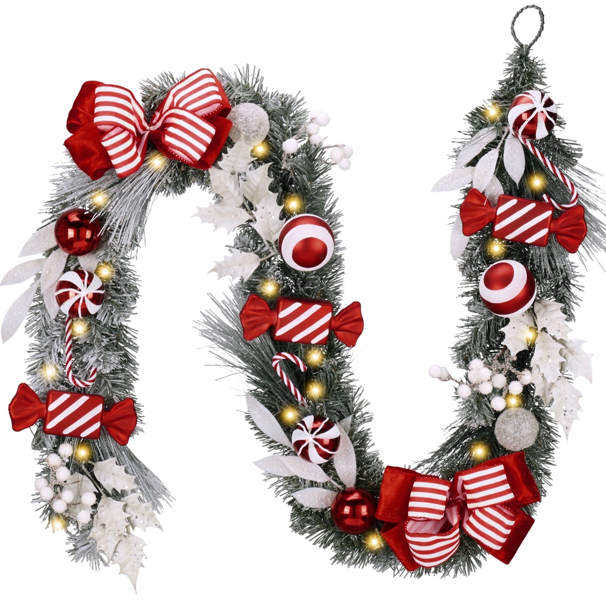 Valery Madelyn 6 ft Pre-Lit Christmas Garland Red White Lighted Garland with Striped Bow & Red Candy & Ornament Perfect for Wedding Valentine's Day Party Window Table Decoration