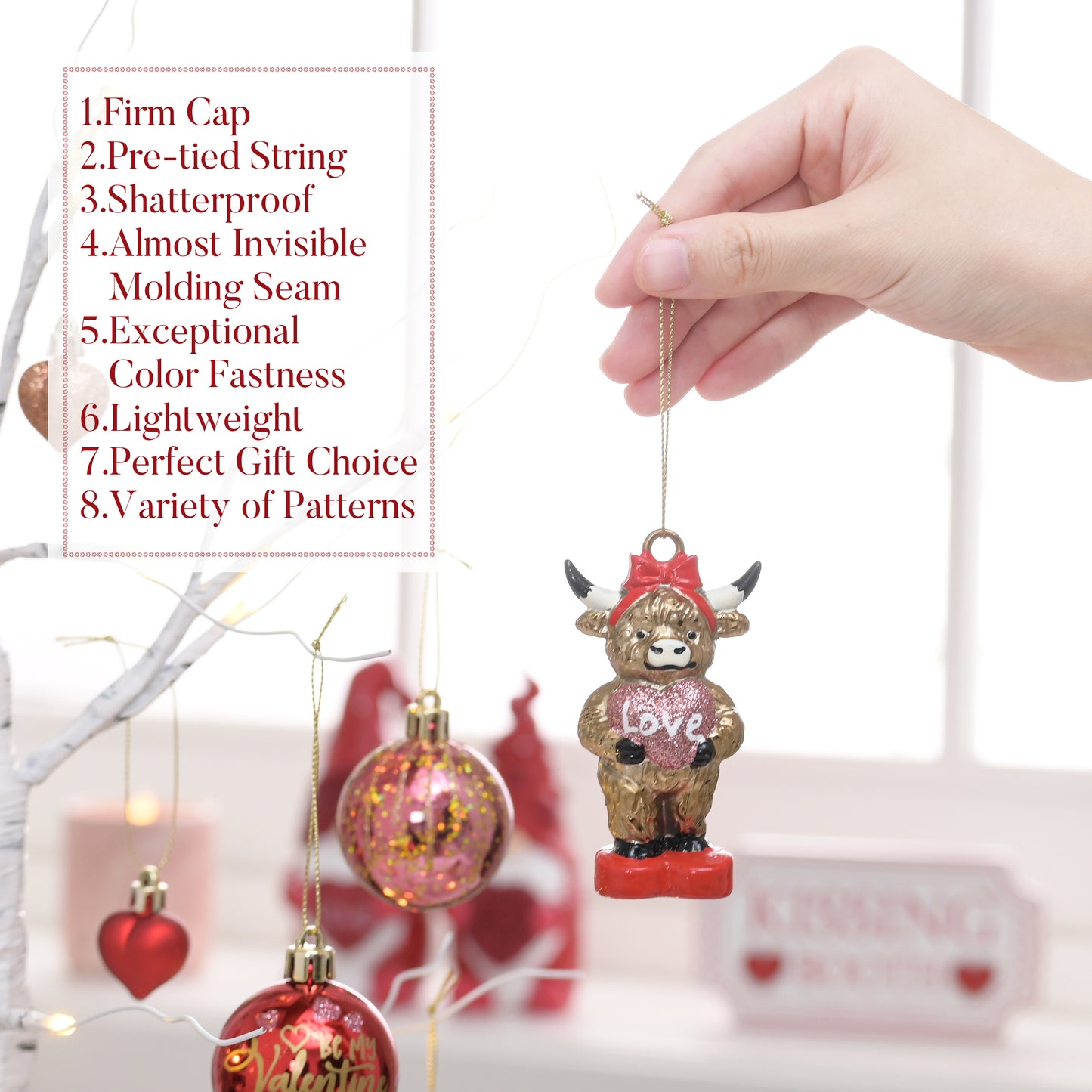 Valery Madelyn 30Pcs Valentines Highland Cow Ornaments Gift Pack, Craft Painted Heart Shaped Christmas Tree Decorations, Pink Red Gold Christmas Baubles Hanging Party Wedding Anniversary Decor