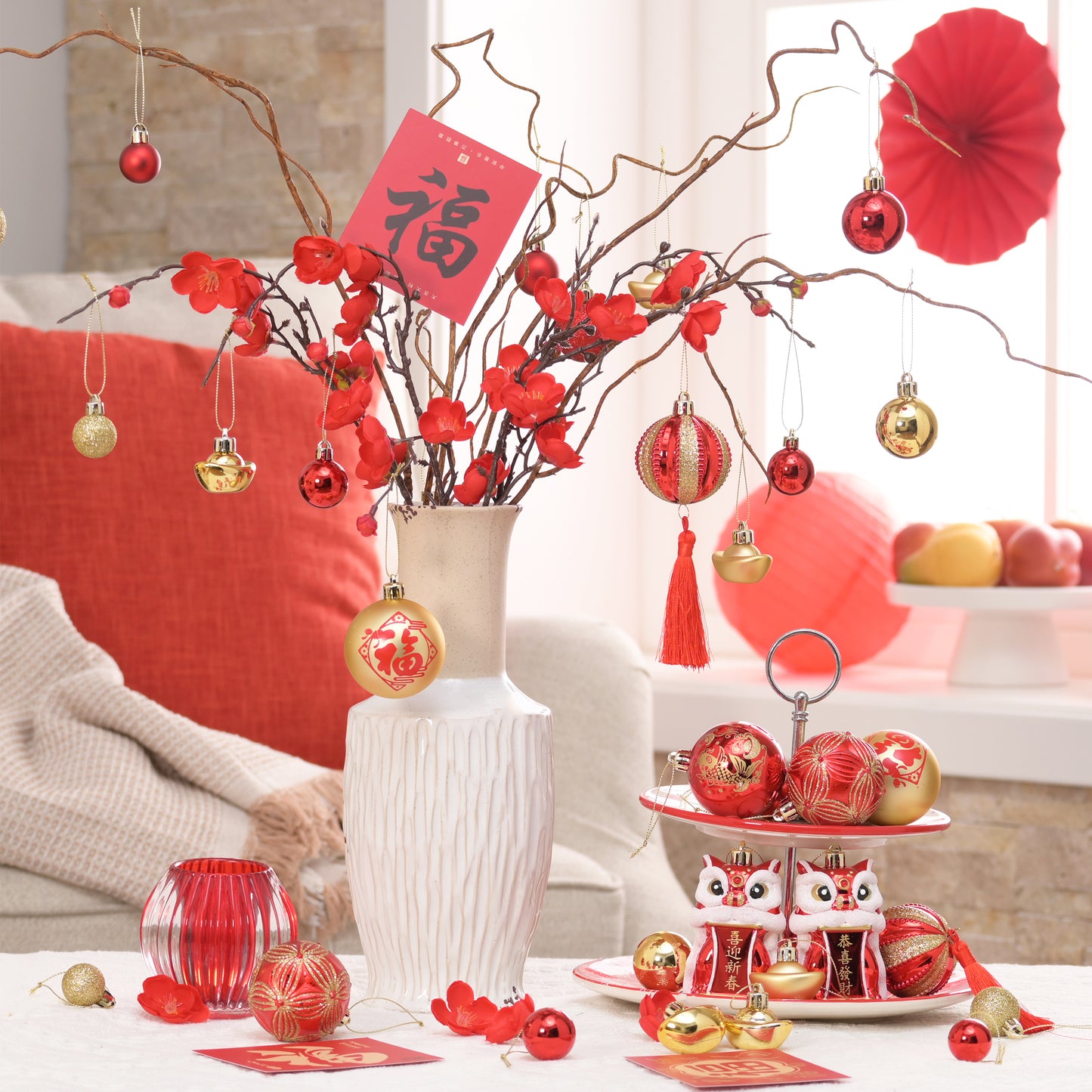 Valery Madelyn Chinese New Year Decorations Hanging Ornaments for Small Tree, 30ct Shatterproof Lion Dance Fu Character Gold Ingot Red Chinese Knots Copper Coin Lunar New Year Balls Bulk