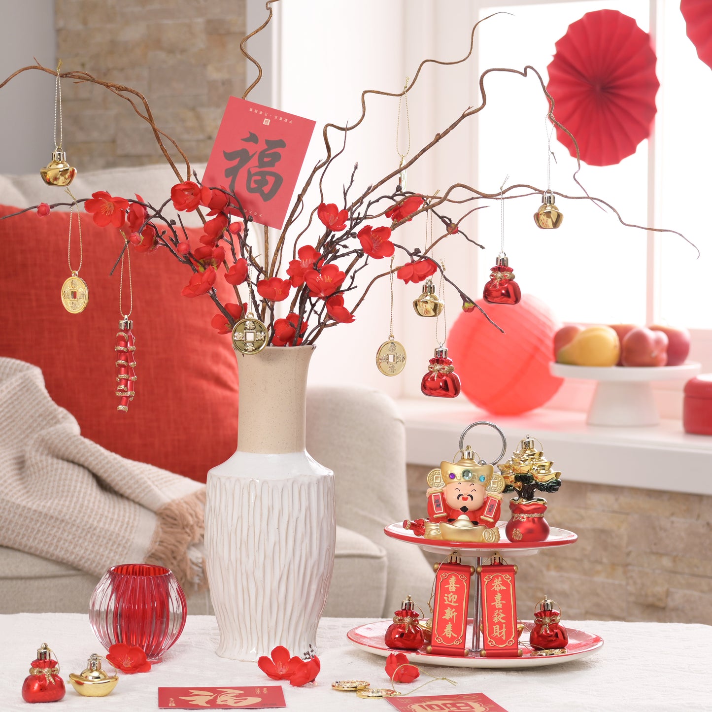 Valery Madelyn Chinese New Year Decorations Hanging Ornaments for Small Tree, 24ct Shatterproof Lion Dance Fu Character Gold Ingot Red Chinese Knots Copper Coin Lunar New Year Balls Bulk