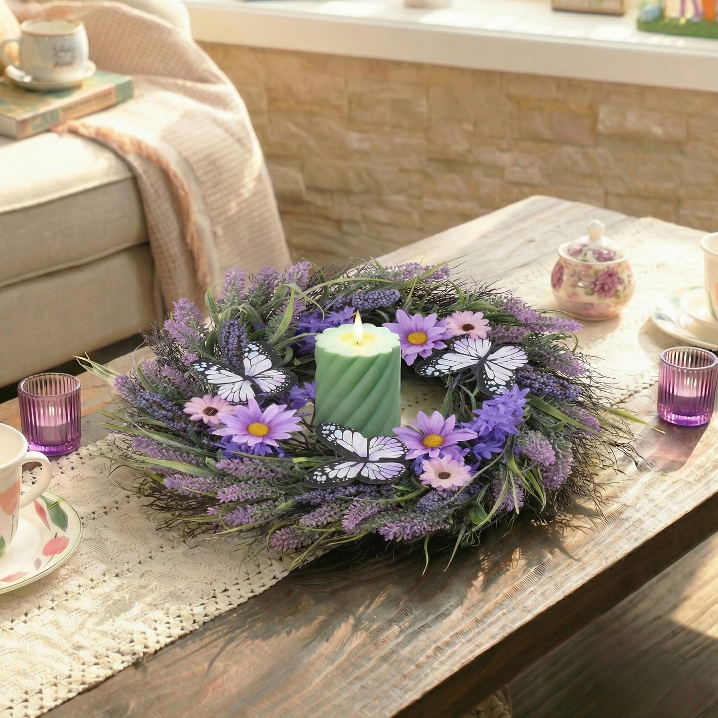 Valery Madelyn Summer Lavender Wreaths for Front Door with Lights, Artificial Spring Floral Wreath with Purple Bellflower Berries Butterfly for Fall Home Porch Window Party Wedding Wall Decor-18''