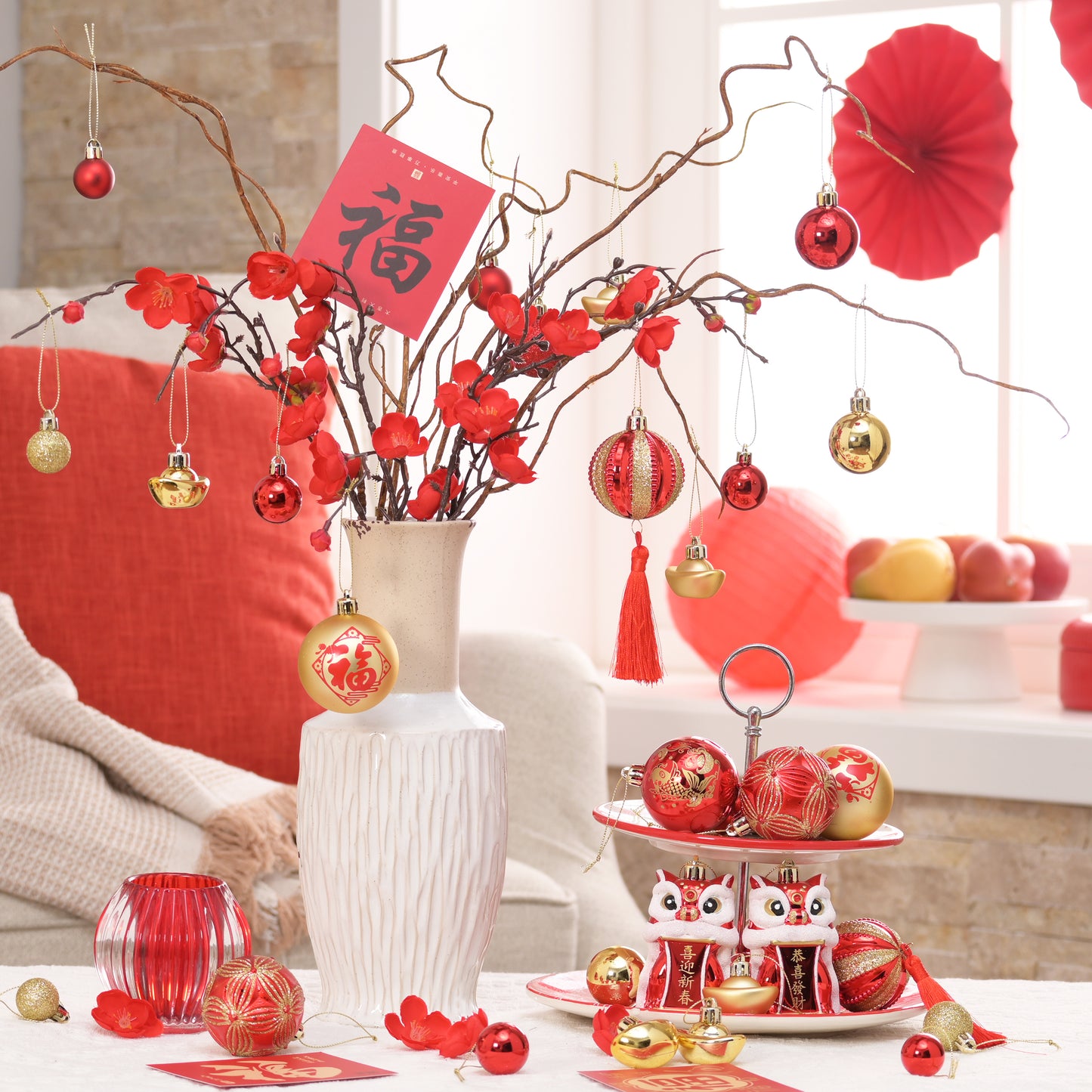 Valery Madelyn Chinese New Year Decorations Hanging Ornaments for Small Tree, 50ct Shatterproof Lion Dance Fu Character Gold Ingot Red Chinese Knots Copper Coin Lunar New Year Balls Bulk