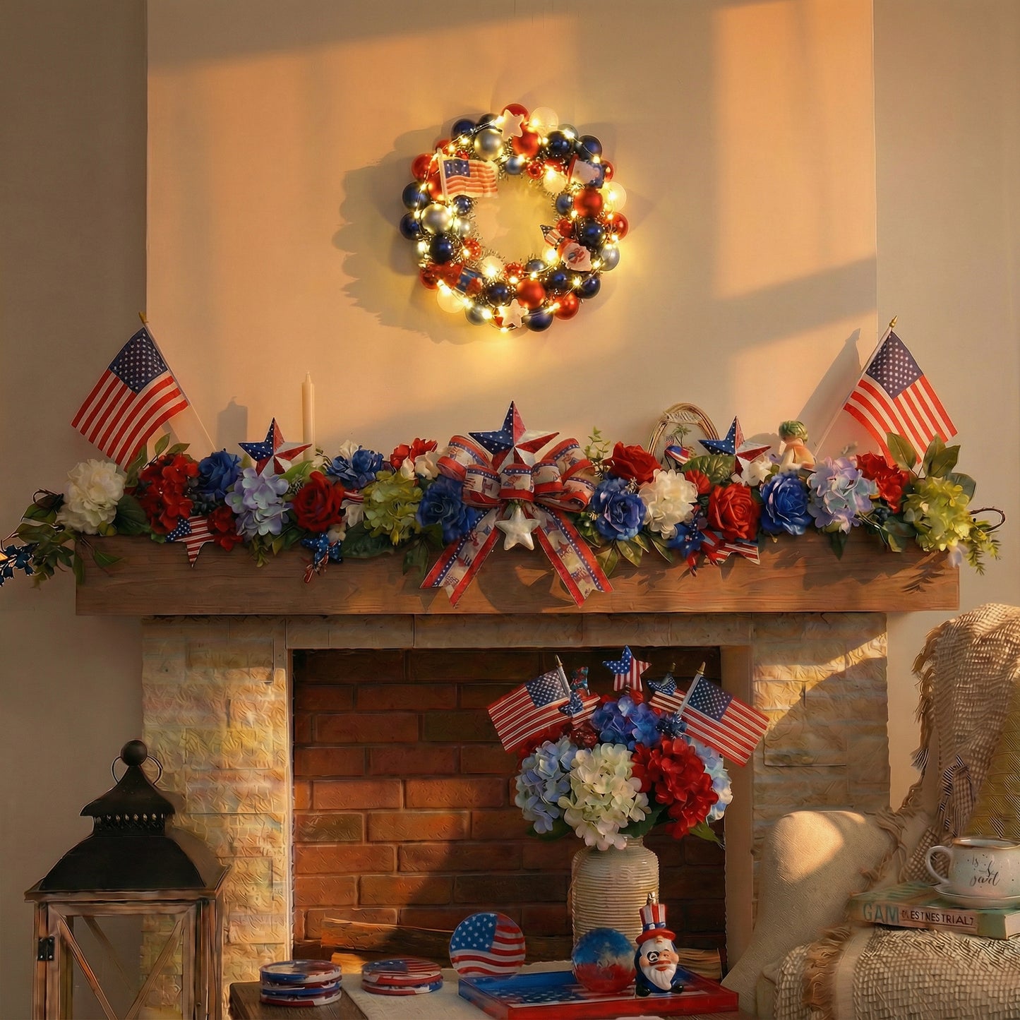 Valery Madelyn 4th of July Ball Wreaths for Front Door,Red White Blue Patriotic Wreath with Lights, American Decorations for Memorial Day,13'