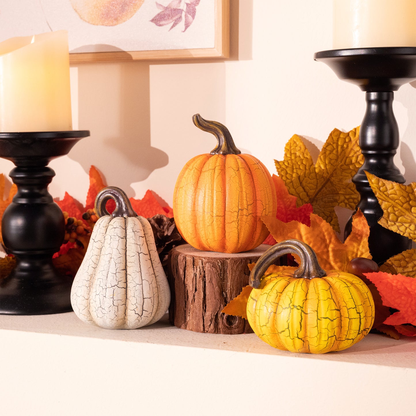 Valery Madelyn 2Pcs 4.7" Resin Cracked Pumpkins, Fall Harvest Tabletop Decor for Thanksgiving Halloween Party