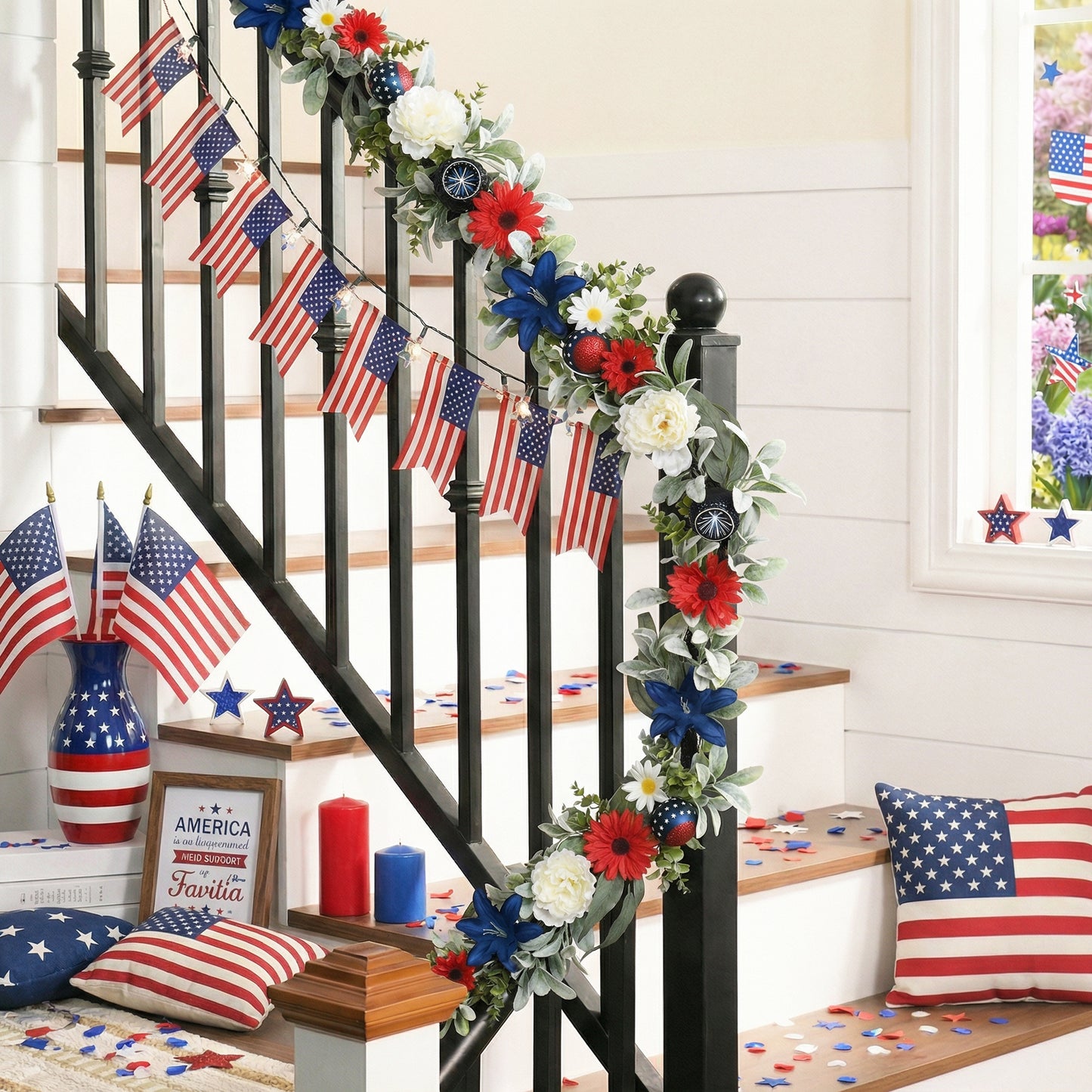 Valery Madelyn 6FT Patriotic Garland with Lights for Mantle, Red White Blue Garland with Ball Ornaments Butterfly for 4th of July Independence Day Decor