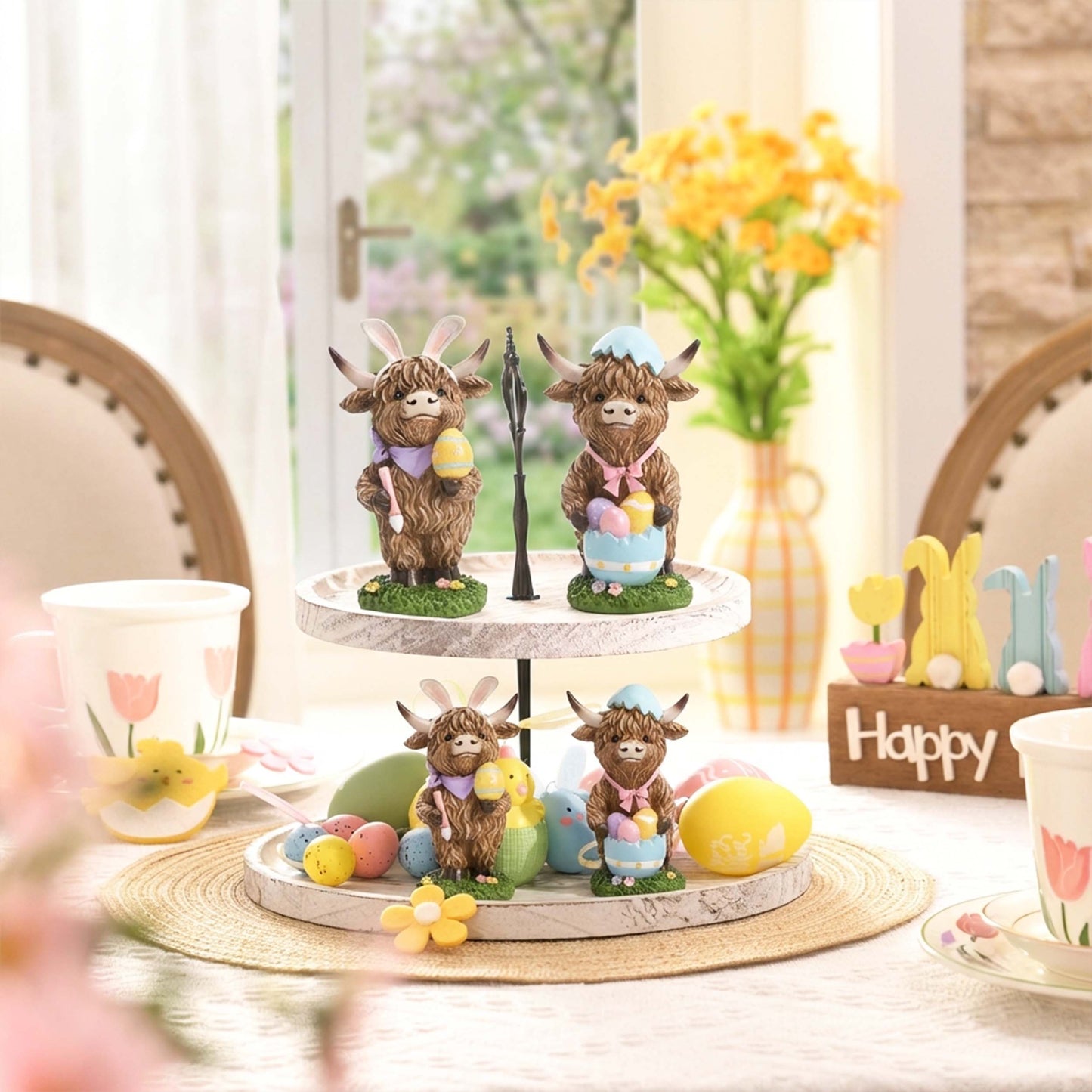 Valery Madelyn Easter Highland Cow Bunny Figurines Decor, Large 2Pcs Resin Statues with Eggs, for Home Tabletop Tiered Tray Decor, Spring Holiday Party Centerpieces, 6inch